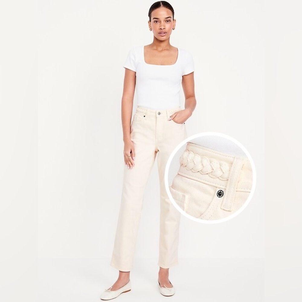 Old Navy High-Waisted OG Straight Braided Ankle Jeans Size 14 Petite Ecru Braid